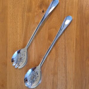 VINTAGE Sheffield England Chrome Plate Fruit Pattern Salad Serving Spoon Set